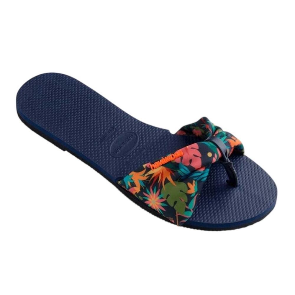 Havaianas Hav You Saint Tropez Slide On Navy Tropical Sandals Flip Flops